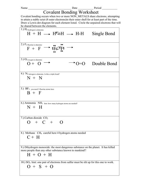 covalent bonding practice worksheet answer key
